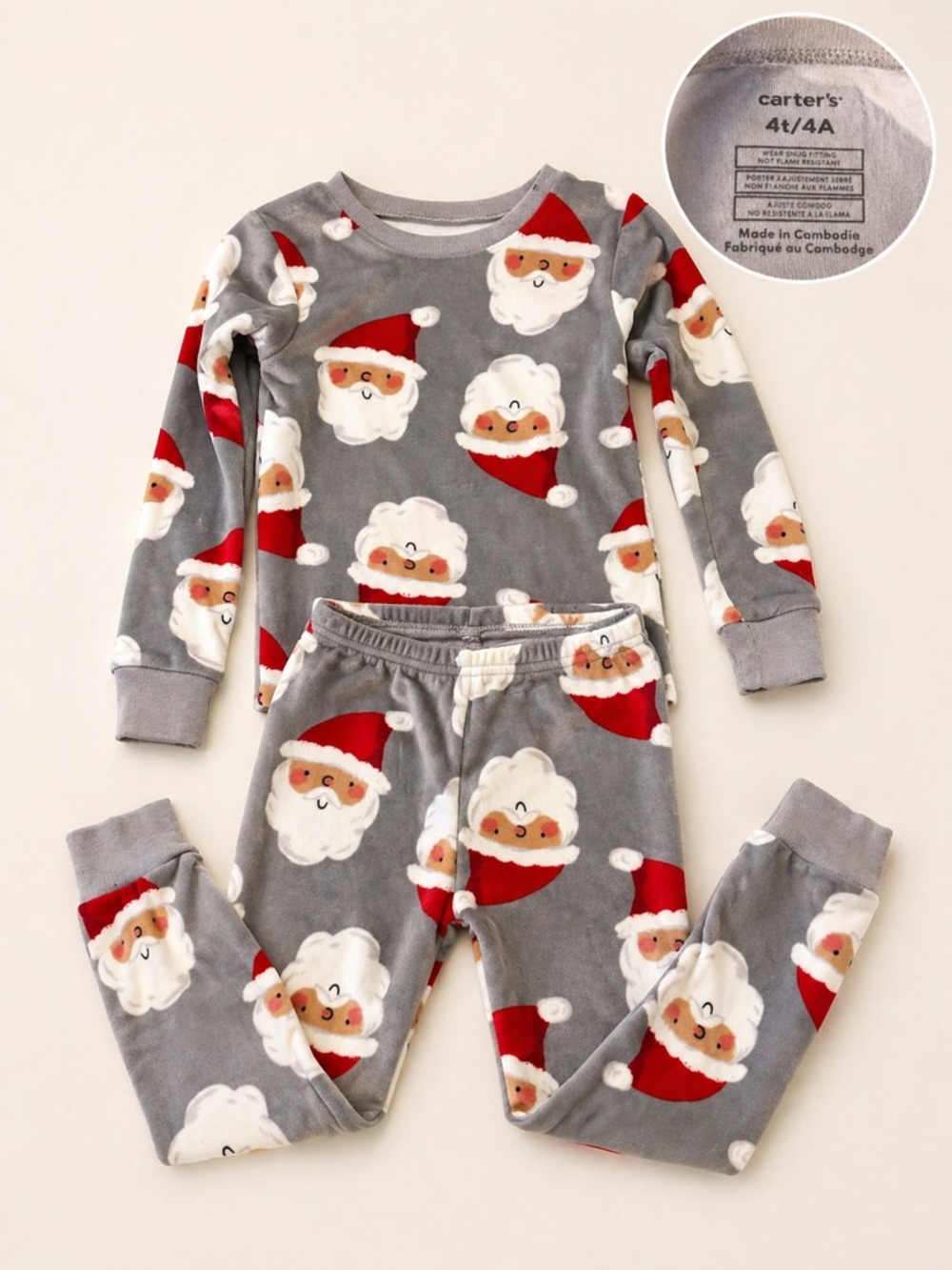 Carter’s‎ Toddler Pajama Set 4T Gray Santa Christmas Fleece 2 Piece Holiday PJs